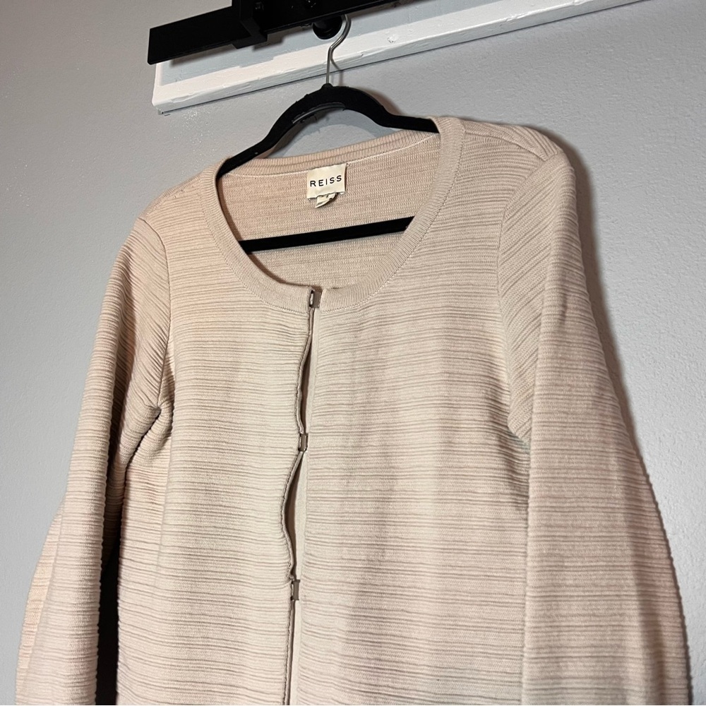 Reiss Cardigan Sweater Textured Beige Cream Clasp Front Cotton Size Medium